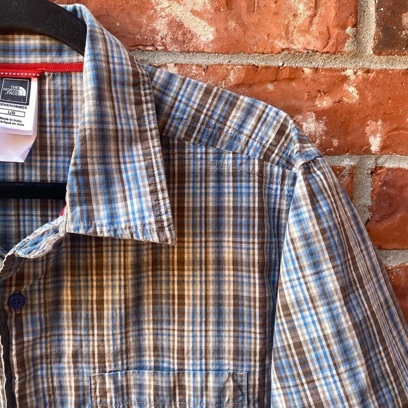 The North Face Mens Large Brown Blue Plaid Collar Button Down Short Sleeve Shirt - Picture 3 of 9